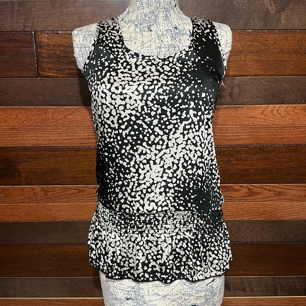 Tini Lili Scoop Neck Shiny Black and White Polka Dot Ruffled Tank Top Blouse